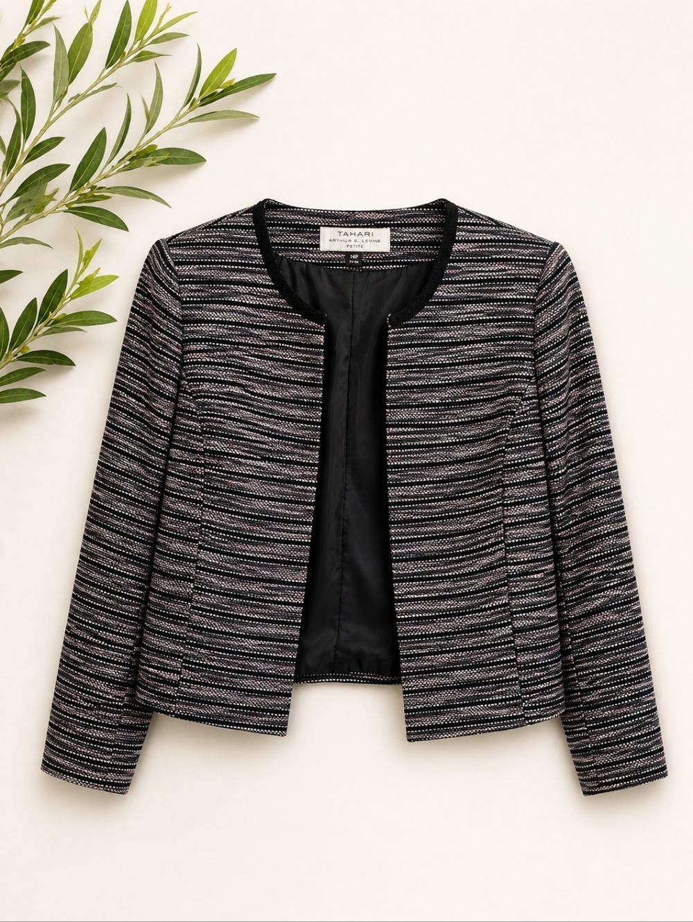 Tahari Arthur S. Levine Petite Cropped Jacket Blazer 14P Black Pink Tweed